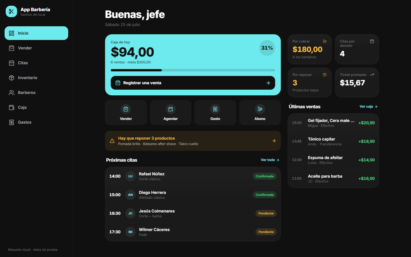 Captura de Gestión para Barbería OZN